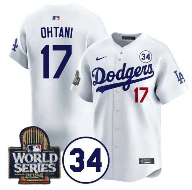 Men%27s Los Angeles Dodgers #17 Shohei Ohtani White 2024 World Series With No. 34 Patch Limited Stitched Jersey Dzhi->los angeles dodgers->MLB Jersey